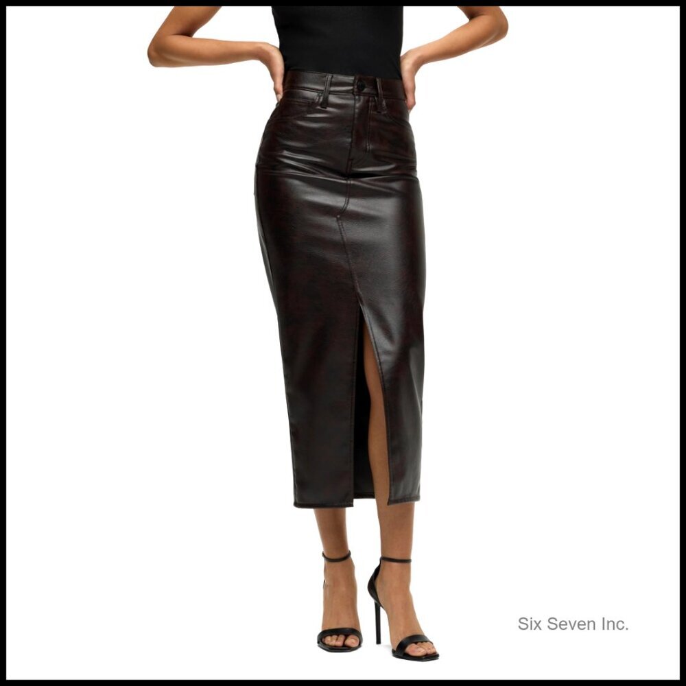 Reconstructed Midi Skirt in Vegan Leather with Front Slit - Picture 1 of 7